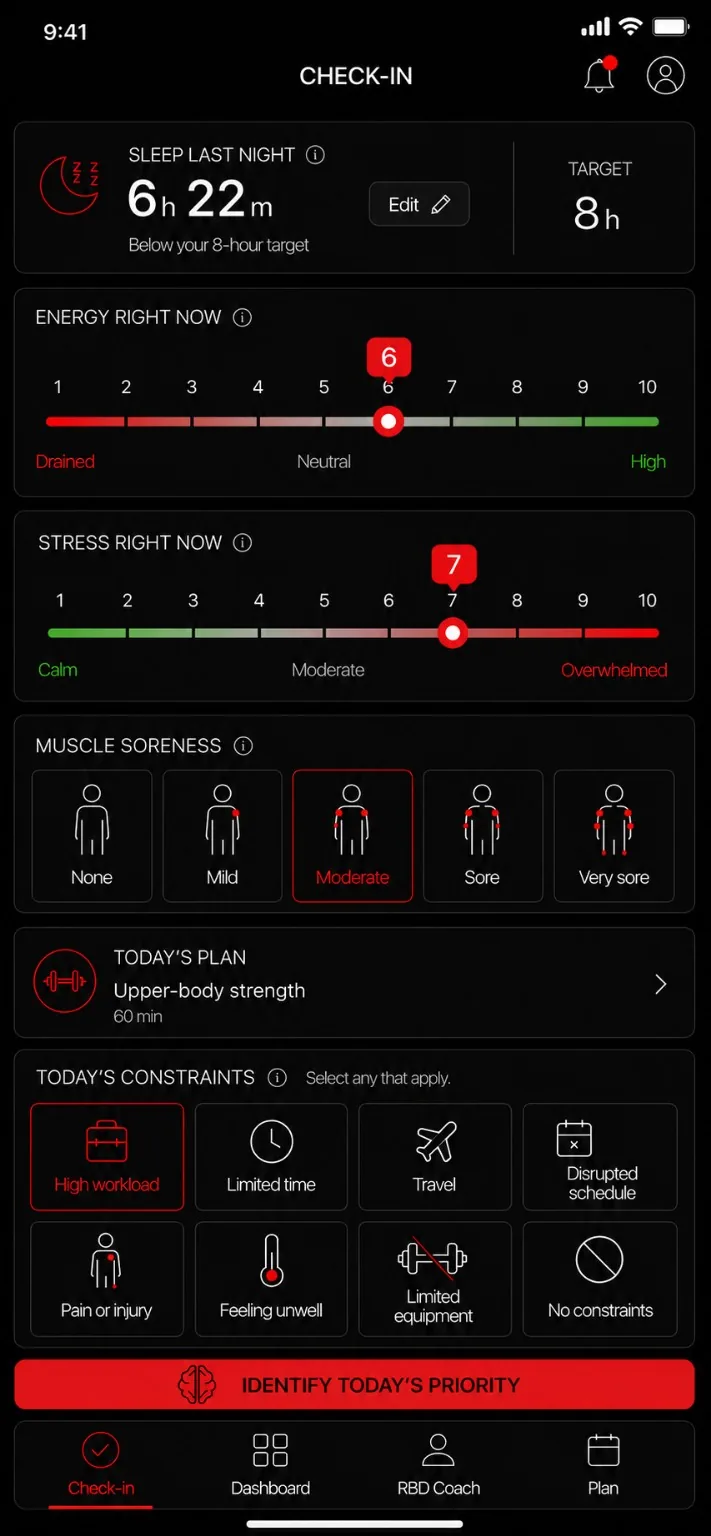 Raw By Design Check in screen showing fields for current signals, intended plan and practical constraints.